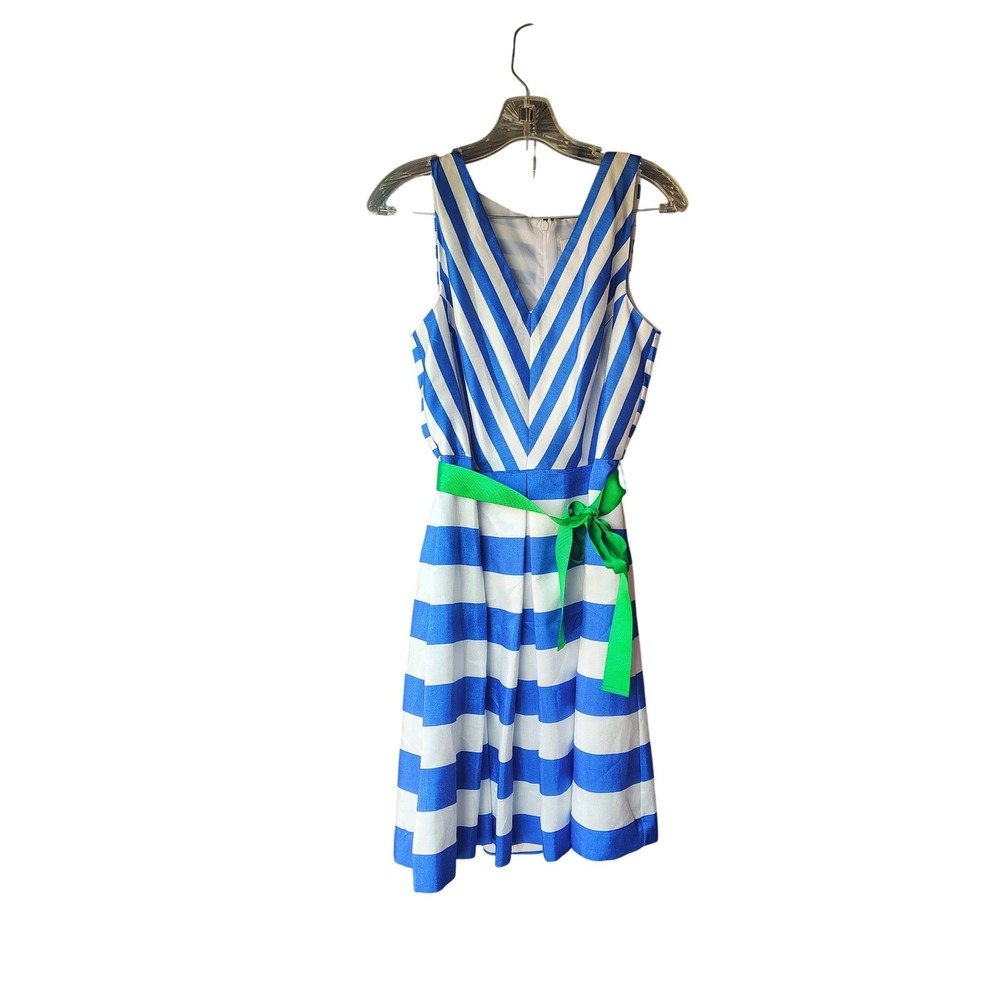 Kim Rogers Blue White Striped Fit Flare Dress Green Belt Womens 10 Preppy V-Neck
